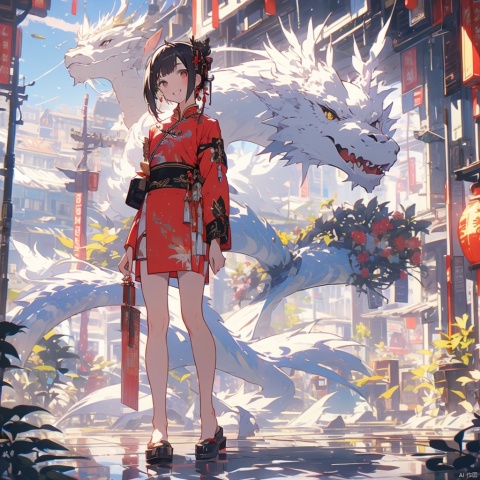 high quality,high details,ray tracing,shadow (persona),glaring,hair strand,fine fabric emphasis,Spring Festival,Firecrackers,Girl,Dragon horn,cheongsam,heavenly,Hairpin,red envelope,High-fork cheongsam,beautiful sisters,Sister,With a smile on his face,Flush,At dusk,Wide-angle lens,Big scene,White silk,Long legs,Slender legs,