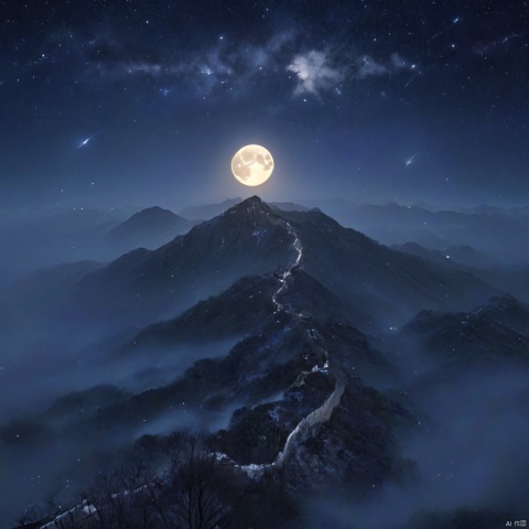  Dark night, The sky with dotted stars, with the full moon hanging high above the great wall, creating a tranquil and serene atmosphere. Ultra resolution., colorgalaxy, jingjing, yiji, rishi, The Great Wall