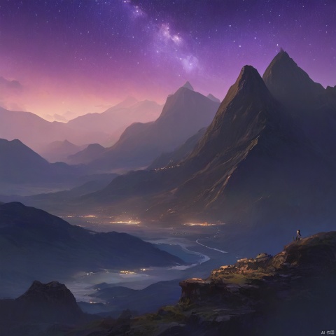 Dark night, The purple sky with stars, with the moon hanging high above the mountain, creating a tranquil and serene atmosphere. Ultra resolution., colorgalaxy, jingjing, yiji