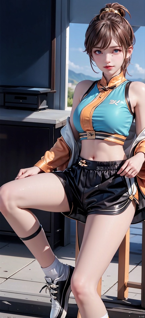 1 Girl, Solo, Looking at the Audience, Blue Eyes, Skirt, Blonde, Shirt, Hair Accessory, Navel, Shut Up, Standing, Ponytail, Shoes, Shorts, Socks, Belly, Artist Name, Crop Top, Shorts, Sweeping Bangs, Watermark, Bun, Sitting, Bike Shorts, Sneakers, Hair Bun, Shorts Under Skirt, Orange Footwear, 1 Girl, shine eyes01