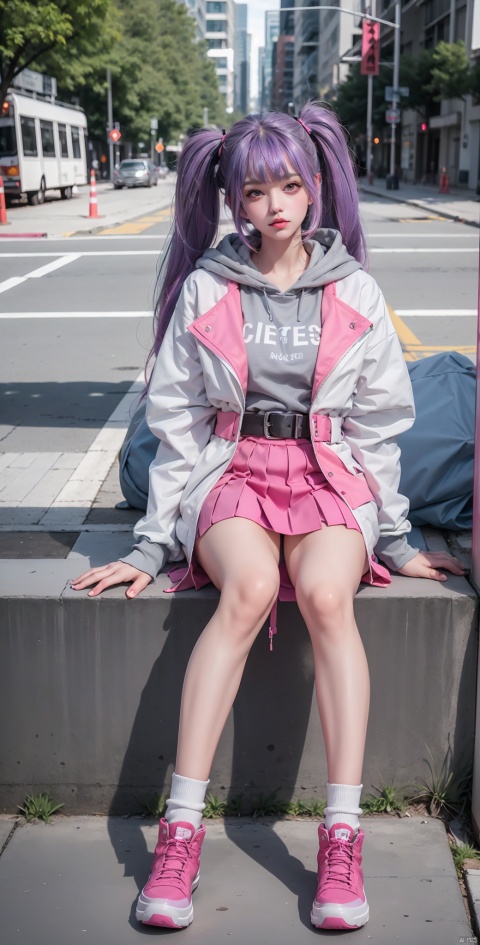 1girl, solo, looking at viewer, bangs, skirt, long sleeves, twintails, sitting, purple eyes, jacket, full body, purple hair, outdoors, open clothes, shoes, day, socks, belt, hood, two side up, lips, hoodie, hood down, white socks, sneakers, pink skirt, pink lips, pink footwear