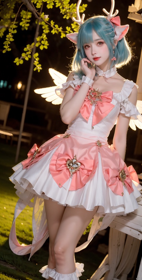 1girl, solo, looking at viewer, short hair, dress, bow, animal ears, brown eyes, blue hair, outdoors, wings, white dress, pink bow, antlers