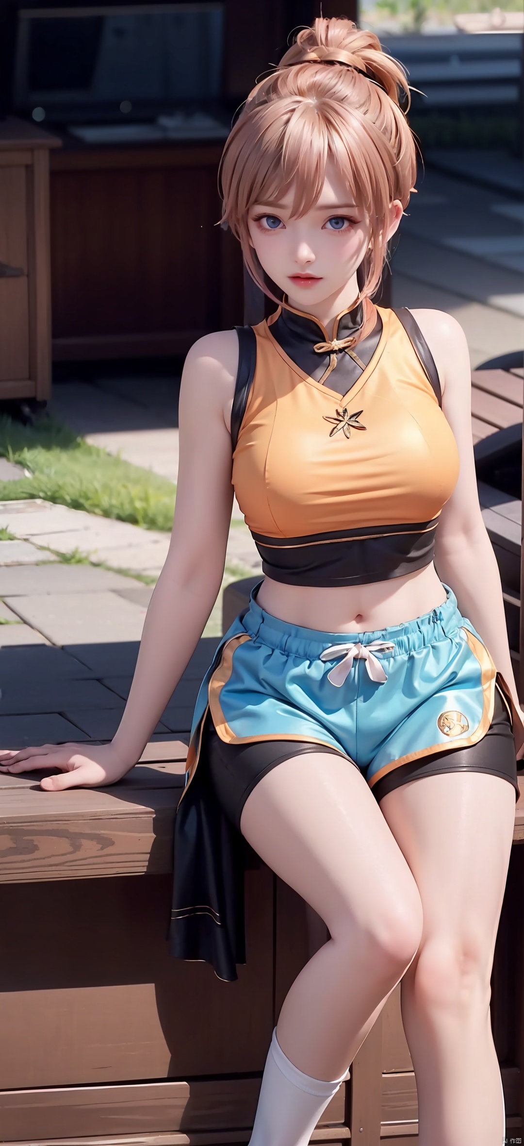 1 Girl, Solo, Looking at the Audience, Blue Eyes, Skirt, Blonde, Shirt, Hair Accessory, Navel, Shut Up, Standing, Ponytail, Shoes, Shorts, Socks, Belly, Artist Name, Crop Top, Shorts, Sweeping Bangs, Watermark, Bun, Sitting, Bike Shorts, Sneakers, Hair Bun, Shorts Under Skirt, Orange Footwear, 1 Girl, shine eyes01