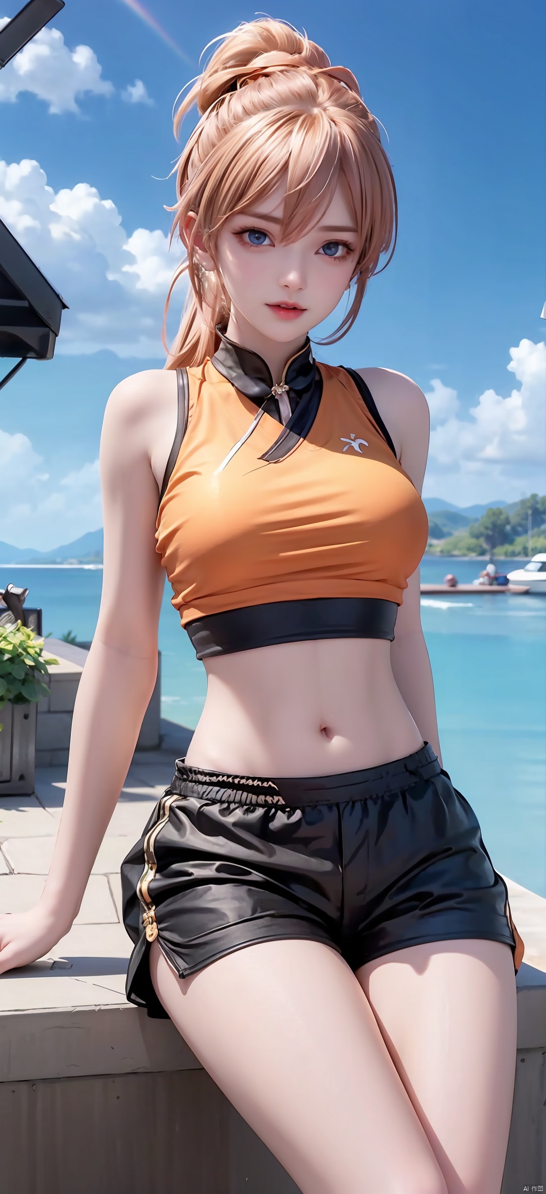 1 Girl, Solo, Looking at the Audience, Blue Eyes, Skirt, Blonde, Shirt, Hair Accessory, Navel, Shut Up, Standing, Ponytail, Shoes, Shorts, Socks, Belly, Artist Name, Crop Top, Shorts, Sweeping Bangs, Watermark, Bun, Sitting, Bike Shorts, Sneakers, Hair Bun, Shorts Under Skirt, Orange Footwear, 1 Girl, shine eyes01