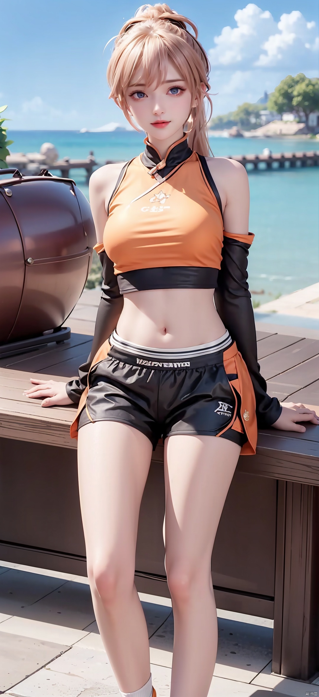 1 Girl, Solo, Looking at the Audience, Blue Eyes, Skirt, Blonde, Shirt, Hair Accessory, Navel, Shut Up, Standing, Ponytail, Shoes, Shorts, Socks, Belly, Artist Name, Crop Top, Shorts, Sweeping Bangs, Watermark, Bun, Sitting, Bike Shorts, Sneakers, Hair Bun, Shorts Under Skirt, Orange Footwear, 1 Girl