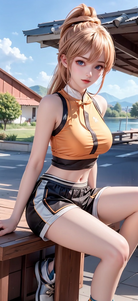 1 Girl, Solo, Looking at the Audience, Blue Eyes, Skirt, Blonde, Shirt, Hair Accessory, Navel, Shut Up, Standing, Ponytail, Shoes, Shorts, Socks, Belly, Artist Name, Crop Top, Shorts, Sweeping Bangs, Watermark, Bun, Sitting, Bike Shorts, Sneakers, Hair Bun, Shorts Under Skirt, Orange Footwear, 1 Girl