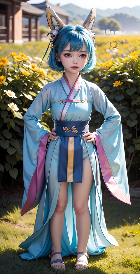 1 Girl, Solo, Looking at the Audience, Short Hair, Shut Up, Blue Eyes, Hair Accessories, Animal Ears, Blue Hair, Lying on the Ground, Upper Body, Outdoor Flower Field, Chinese Hanfu, Wide Sleeves, Hanfu, Chibi, Belt, Bell, Headwear, Sandals, (Hands on Hips: 1.5)