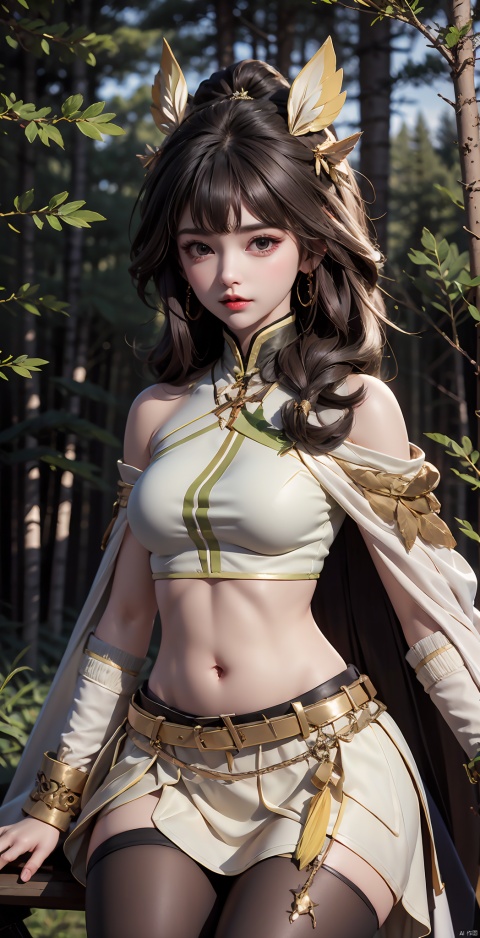1 Girl, Solo, Long Hair, Looking at the Audience, Bangs, Skirt, Brown Hair, Navel, Bare Shoulders, Brown Eyes, Medium Breasts, Sitting, Upper Body, Boots, Outdoor, Belly, Miniskirt, Cloak, Sky Garden, Tree, Lips, Crop Top, White Skirt, Knee Boots, Bicycle Shorts, Nature, Forest