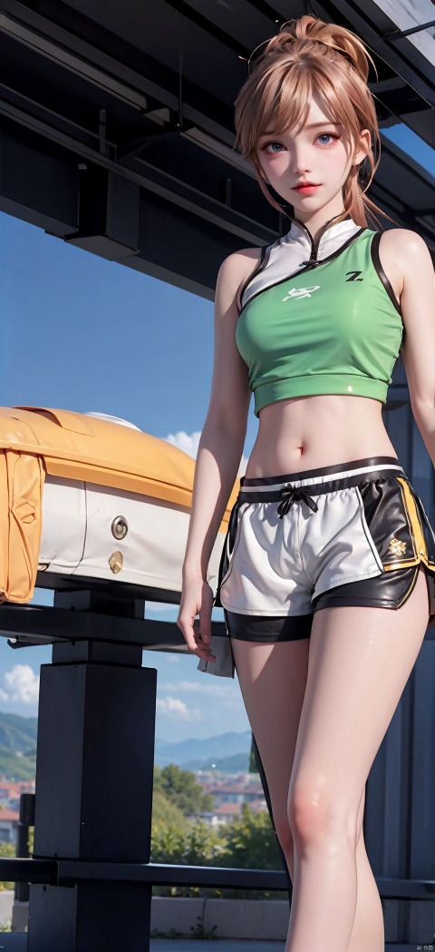 1 Girl, Solo, Looking at the Audience, Blue Eyes, Skirt, Blonde, Shirt, Hair Accessory, Navel, Shut Up, Standing, Ponytail, Shoes, Shorts, Socks, Belly, Artist Name, Crop Top, Shorts, Sweeping Bangs, Watermark, Bun, Sitting, Bike Shorts, Sneakers, Hair Bun, Shorts Under Skirt, Orange Footwear, 1 Girl, shine eyes01