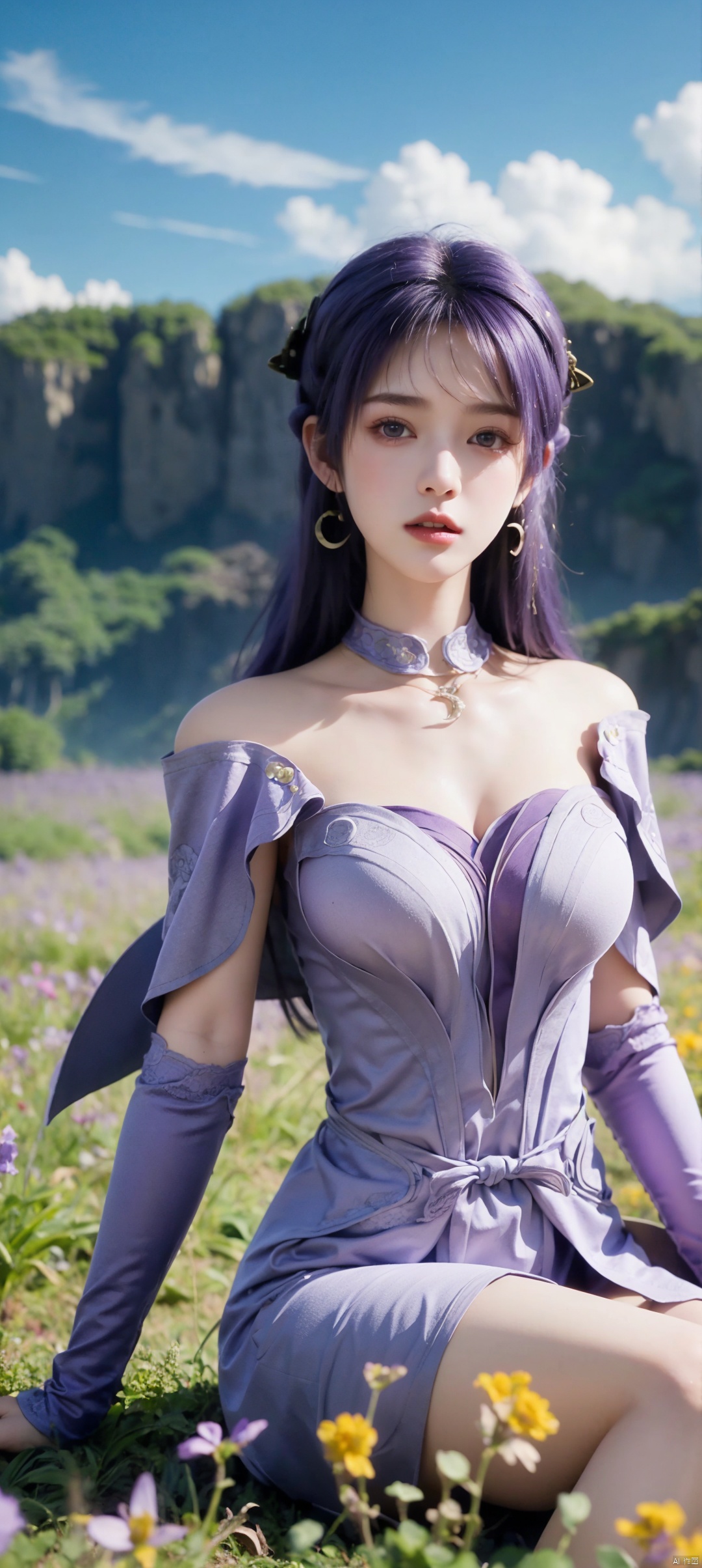 1 girl, solo, upper body, long hair, looking at the audience, purple hair, hair accessories, thighs, dress, sitting on the ground, purple hair, flower field, earrings, sky, purple dress, jiziyue