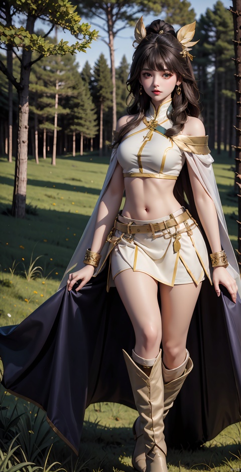 1girl, solo, long hair,looking at viewer, bangs, skirt, brown hair, navel, bare shoulders, brown eyes, medium breasts, sitting, full body, boots, outdoors, midriff, miniskirt, cape, tree, lips, crop top, white skirt, knee boots, bike shorts, nature, forest
