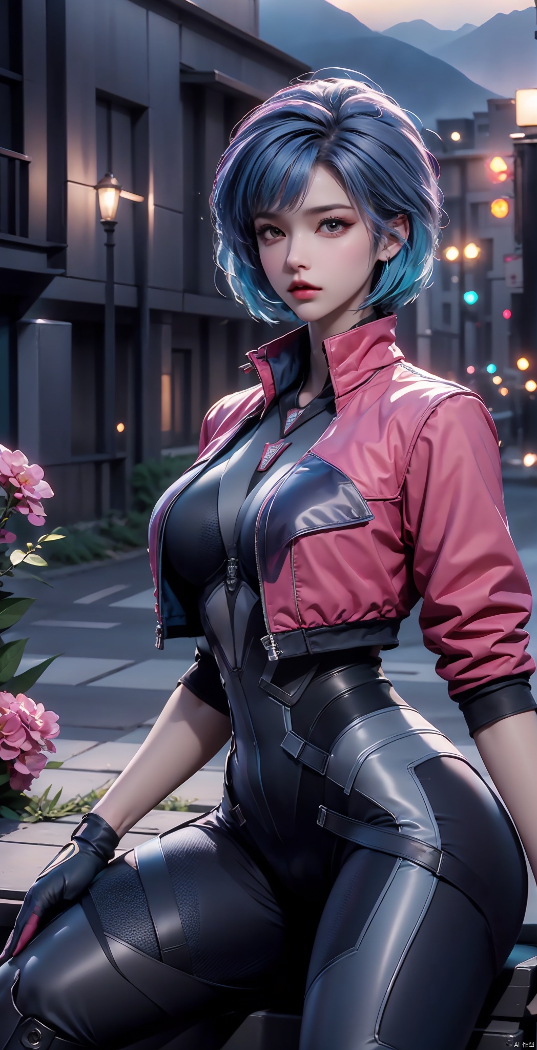 Still, 1 girl, solo, blue hair, colorful hair, gloves, looking at the audience, jacket, tights, short hair, cropped jacket, science fiction, bodysuit, thigh band, d.va (Overwatch), boots, thigh band, landscape, sky, science fiction, cloudy sky, outdoor, (Flower Field Background: 1.3), (Seated: 1.3), (Original Photo: 1.2), ((Photo Realism: 1.4)) Best Quality, Masterpiece, Illustration, An Extremely Delicate and Beautiful, Extremely Detailed, CG, Unity, 8k Wallpaper, Amazing, Fine Details, Masterpiece, Best Quality, Official Art, Extremely Detailed CG Unity 8k Wallpaper, Ridiculous, Unbelievably Ridiculous, Huge File Size, Ultra Detailed, High Resolution, Extremely Detailed, Beautiful Detail Girl, Cinematic Lighting, 1 Girl, Pale Skin, Tall Female, (Perfect Body Type), Skinny Body, Slender Legs,