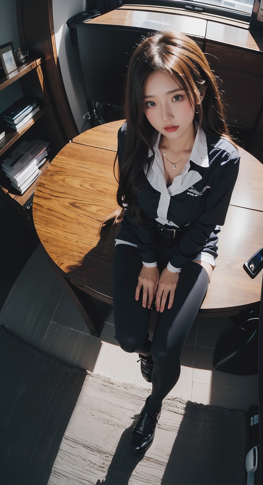 (Reality :1.3), Official art, Uniform 8k quality, Super Detail, 1 girl,masterpiece,hight quality,sitting,Tight fitting clothing,powerful,fish eye lens,**ile ,Top view angle, centered around the head,amazing,full_body,Universe, liquid