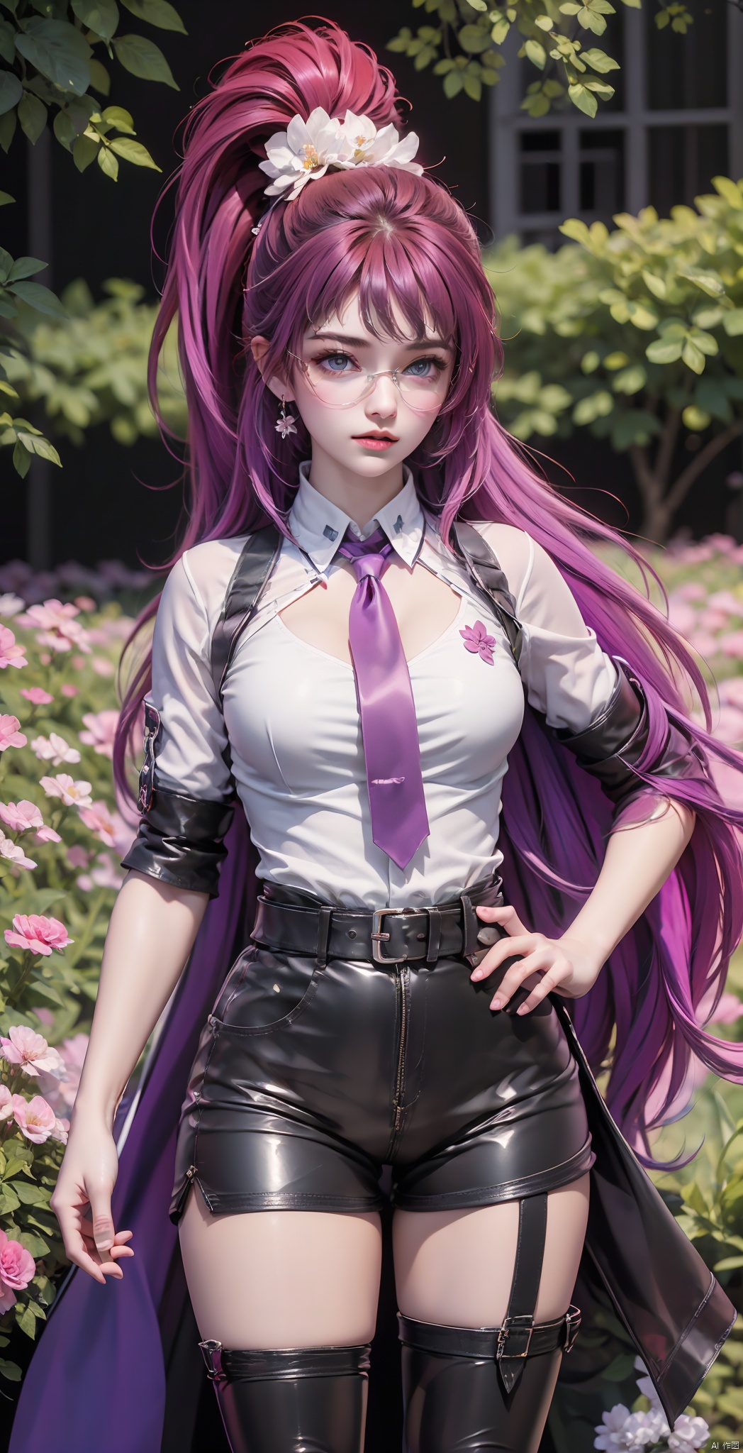 1 Girl, Solo, (Upper Body: 1.3), Long Hair, Looking at the Audience, Shirt, Thigh Height, Medium Breasts, Standing, Full Body, White Shirt, Ponytail, Pink Hair, Purple Hair, Short Sleeves, Boots, Outdoor, Split Sleeves, Tie, Shorts, Shiny, Collared Shirt, Belt, Black Thigh Heels, Black Shoes, High Heels, Lips, Jacket, Shorts, Thigh Boots, Garter, Black Shorts, Sunglasses, High Ponytail, Glasses on Head, High Heeled Boots, Shiny Clothes, Hands on the hips,  Purple tie, (Flower field background: 1.3)
