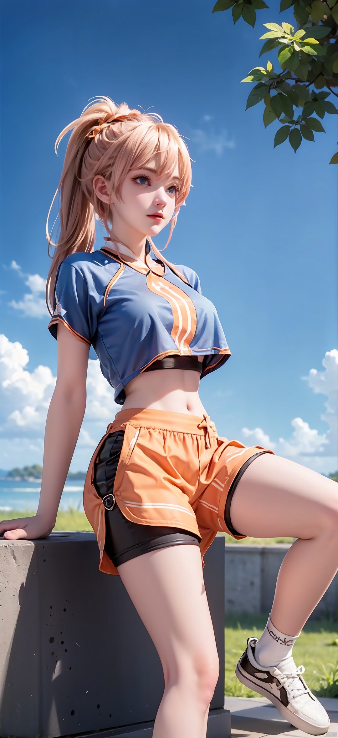 1 Girl, Solo, Looking at the Audience, Blue Eyes, Skirt, Blonde, Shirt, Hair Accessory, Navel, Shut Up, Standing, Ponytail, Shoes, Shorts, Socks, Belly, Artist Name, Crop Top, Shorts, Sweeping Bangs, Watermark, Bun, Sitting, Bike Shorts, Sneakers, Hair Bun, Shorts Under Skirt, Orange Footwear, 1 Girl