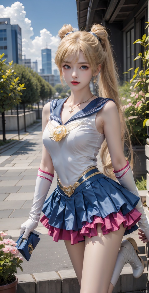1 Girl, Solo, Long Hair, Looking at the Audience, Blue Eyes, Skirt, Blonde, Gloves, Double Tails, Two Ponytails, Action DIY, Upper Body, Boots, Ruffles, Sky, White Gloves, Bun, Blue Skirt, Cosplay, Double Bun, Magical Girl, White Shoes, Knee Boots, Plants, Layered Skirt, Sailor Moon Uniform, Tsukino Usaki, Sailor Moon, City