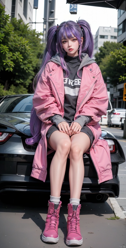 1girl, solo, long hair, looking at viewer, bangs, long sleeves, twintails, sitting, purple eyes, jacket, full body, purple hair, multicolored hair, boots, outdoors, shoes, lips, coat, ground vehicle, pink footwear