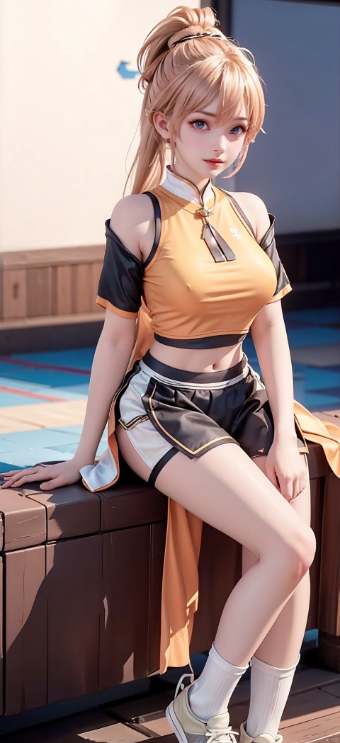 1 Girl, Solo, Looking at the Audience, Blue Eyes, Skirt, Blonde, Shirt, Hair Accessory, Navel, Shut Up, Standing, Ponytail, Shoes, Shorts, Socks, Belly, Artist Name, Crop Top, Shorts, Sweeping Bangs, Watermark, Bun, Sitting, Bike Shorts, Sneakers, Hair Bun, Shorts Under Skirt, Orange Footwear, 1 Girl, shine eyes01