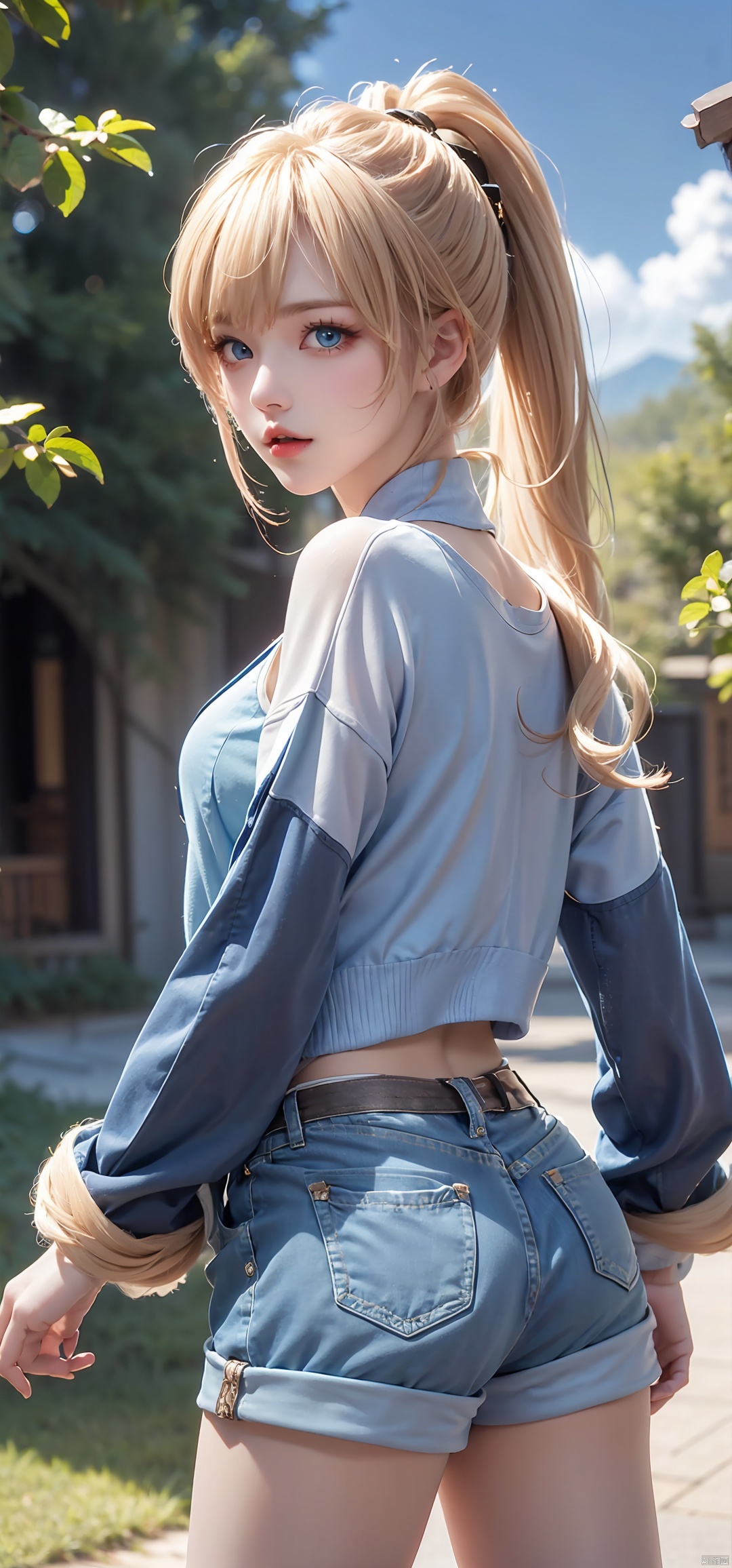1girl, solo, long hair, looking at viewer, bangs, blue eyes, blonde hair, long sleeves, standing, ponytail, ass, outdoors, sky, shorts, day, looking back, artist name, from behind, sweater, lips, sleeves past wrists, short shorts, denim, blue shorts, denim shorts