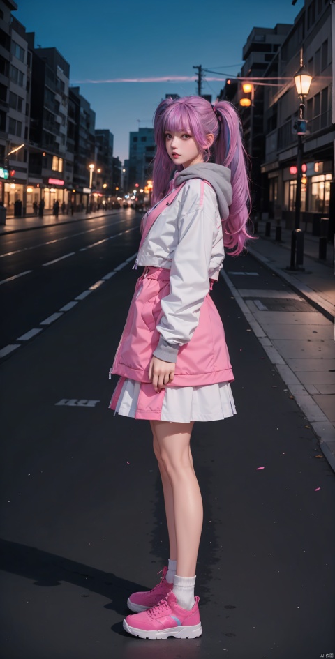 1girl, solo, long hair, looking at viewer, bangs, skirt, long sleeves, twintails, standing, purple eyes, jacket, full body, pink hair, purple hair, multicolored hair, shoes, socks, hood, from side, gradient hair, sneakers, pink footwear