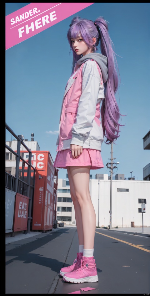 1girl, solo, long hair, looking at viewer, bangs, skirt, long sleeves, twintails, standing, purple eyes, jacket, full body, pink hair, purple hair, multicolored hair, shoes, socks, hood, from side, gradient hair, sneakers, pink footwear