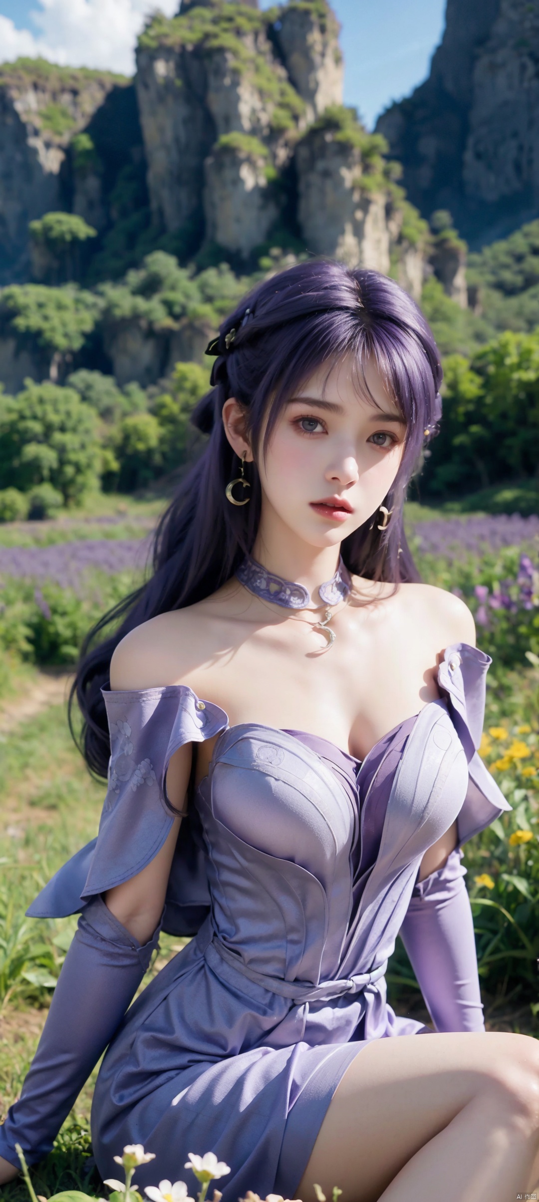 1 girl, solo, upper body, long hair, looking at the audience, purple hair, hair accessories, thighs, dress, sitting on the ground, purple hair, flower field, earrings, sky, purple dress,