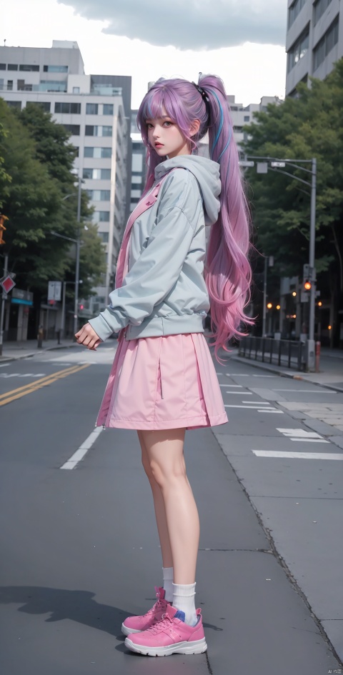 1girl, solo, long hair, looking at viewer, bangs, skirt, long sleeves, twintails, standing, purple eyes, jacket, full body, pink hair, purple hair, multicolored hair, shoes, socks, hood, from side, gradient hair, sneakers, pink footwear