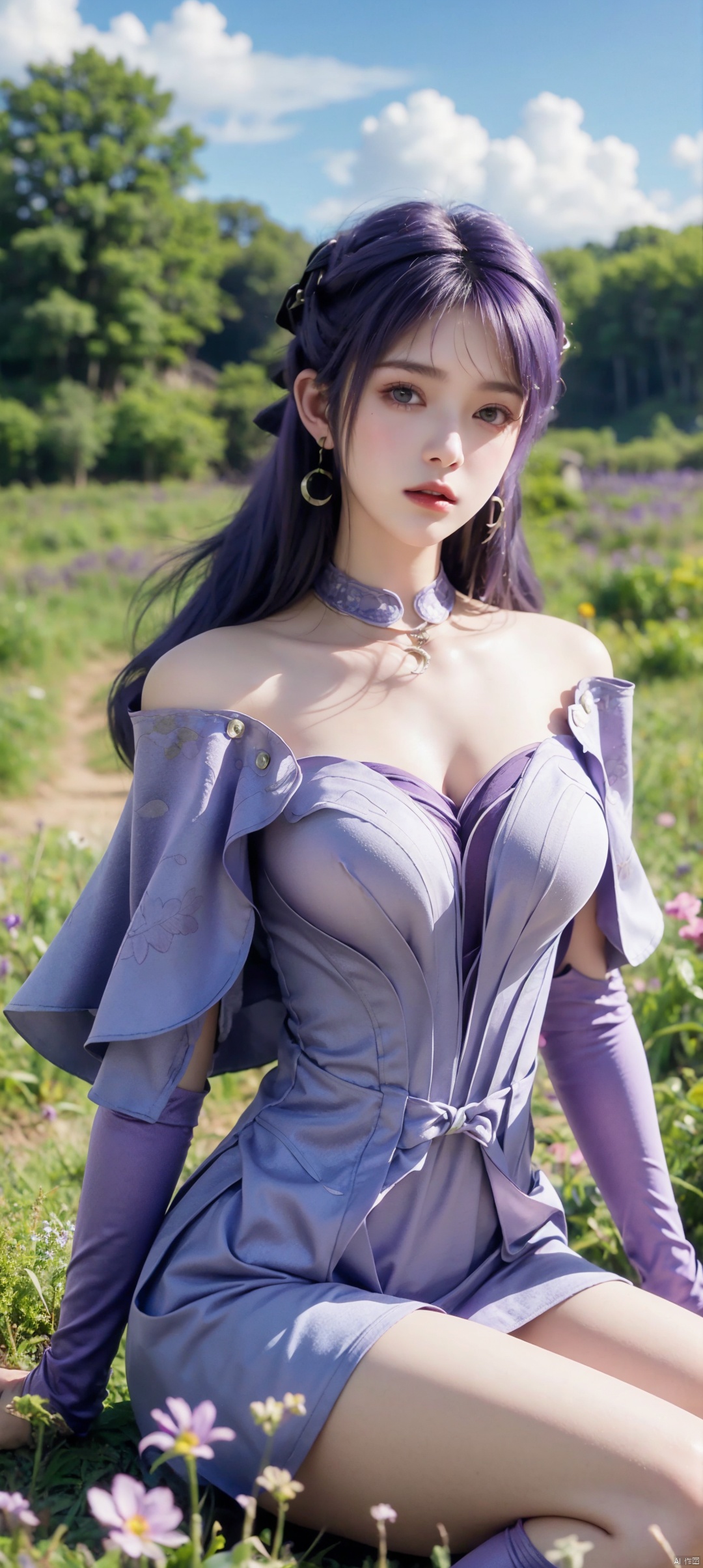 1 girl, solo, upper body, long hair, looking at the audience, purple hair, hair accessories, thighs, dress, sitting on the ground, purple hair, flower field, earrings, sky, purple dress,