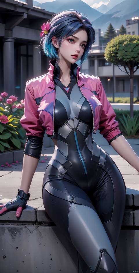 Still, 1 girl, solo, blue hair, colorful hair, gloves, looking at the audience, jacket, tights, short hair, cropped jacket, science fiction, bodysuit, thigh band, d.va (Overwatch), boots, thigh band, landscape, sky, science fiction, cloudy sky, outdoor, (Flower Field Background: 1.3), (Seated: 1.3), (Original Photo: 1.2), ((Photo Realism: 1.4)) Best Quality, Masterpiece, Illustration, An Extremely Delicate and Beautiful, Extremely Detailed, CG, Unity, 8k Wallpaper, Amazing, Fine Details, Masterpiece, Best Quality, Official Art, Extremely Detailed CG Unity 8k Wallpaper, Ridiculous, Unbelievably Ridiculous, Huge File Size, Ultra Detailed, High Resolution, Extremely Detailed, Beautiful Detail Girl, Cinematic Lighting, 1 Girl, Pale Skin, Tall Female, (Perfect Body Type), Skinny Body, Slender Legs,
