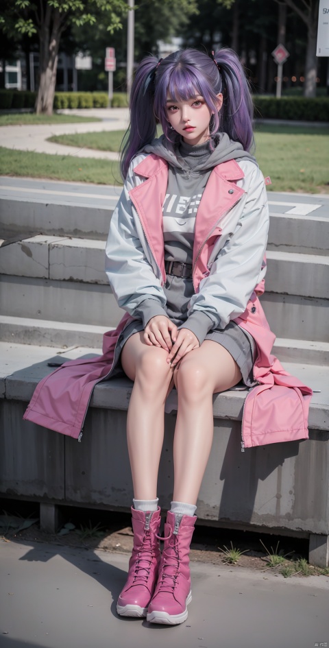 1girl, solo, long hair, looking at viewer, bangs, long sleeves, twintails, sitting, purple eyes, jacket, full body, purple hair, multicolored hair, boots, outdoors, shoes, lips, coat, ground vehicle, pink footwear