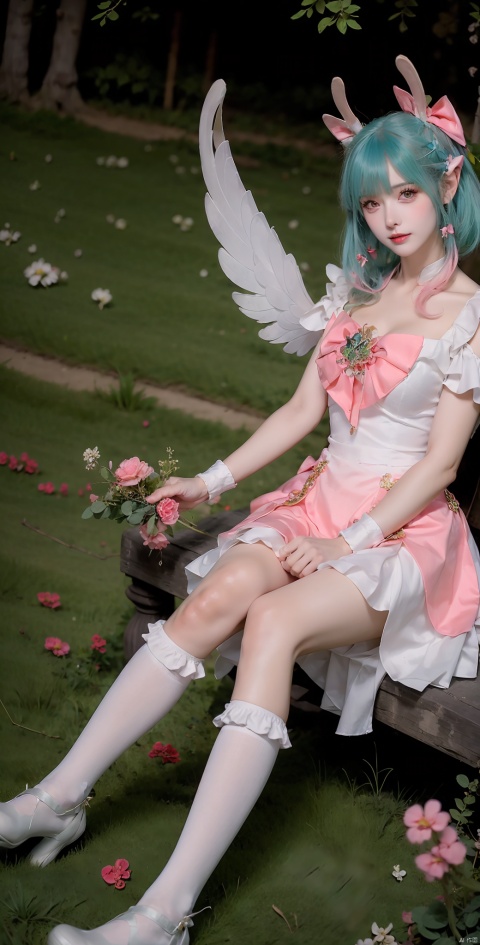 1 Girl, Solo, Looking at the Audience, Bangs, Dress, Bow, Animal Ears,, Medium Breasts, Seated, Flowers, Outdoor, Ruffles, Green Hair, Wings, Shoes, Socks, White Dress, Knee High, Grass, White Socks, Pink Bow