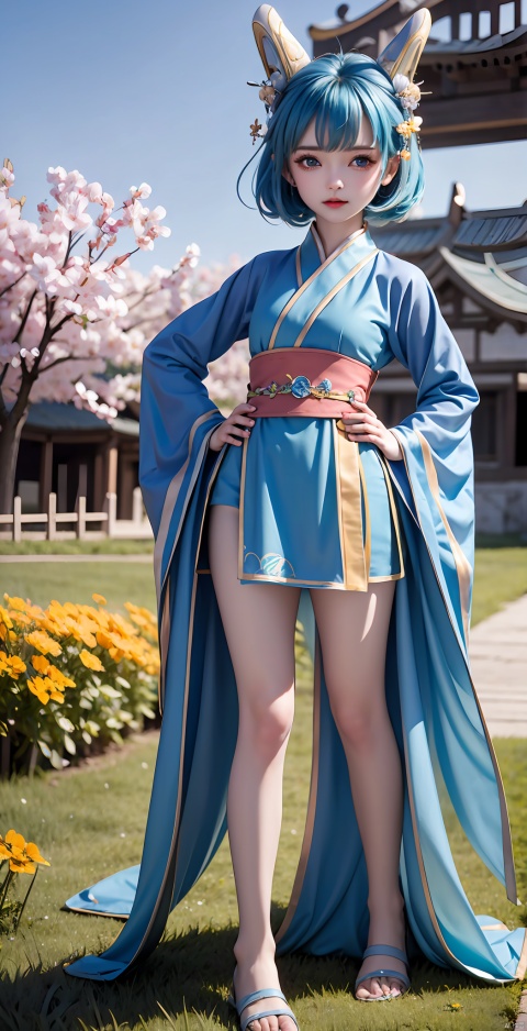 1 Girl, Solo, Looking at the Audience, Short Hair, Shut Up, Blue Eyes, Hair Accessories, Animal Ears, Blue Hair, Lying on the Ground, Upper Body, Outdoor Flower Field, Chinese Hanfu, Wide Sleeves, Hanfu, Chibi, Belt, Bell, Headwear, Sandals, (Hands on Hips: 1.5)