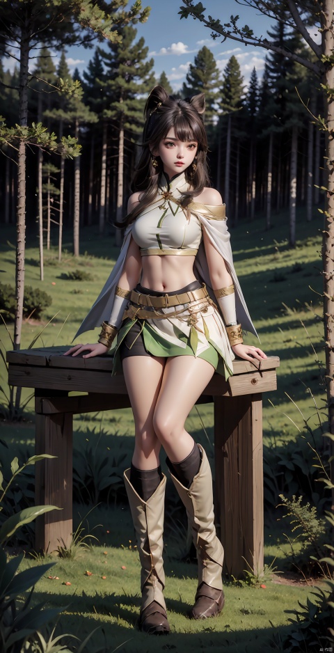 1girl, solo, long hair,looking at viewer, bangs, skirt, brown hair, navel, bare shoulders, brown eyes, medium breasts, sitting, full body, boots, outdoors, midriff, miniskirt, cape, tree, lips, crop top, white skirt, knee boots, bike shorts, nature, forest