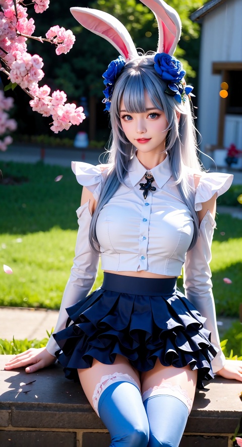 1 girl, solo, long hair, looking at the audience, smile, bangs, blue eyes, skirt, shirt, hair accessory, thigh high, long sleeves, animal ears, shut up, sitting, white shirt, flower, white hair, denim shot, outdoor, puff sleeves, hair flower, rabbit ears, white thighs, lips, blue skirt, zettai ryouiki, frilly skirt, cherry blossoms, pink flowers