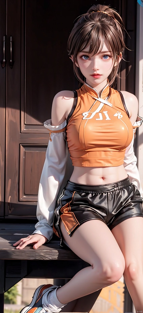 1 Girl, Solo, Looking at the Audience, Blue Eyes, Skirt, Blonde, Shirt, Hair Accessory, Navel, Shut Up, Standing, Ponytail, Shoes, Shorts, Socks, Belly, Artist Name, Crop Top, Shorts, Sweeping Bangs, Watermark, Bun, Sitting, Bike Shorts, Sneakers, Hair Bun, Shorts Under Skirt, Orange Footwear, 1 Girl, shine eyes01