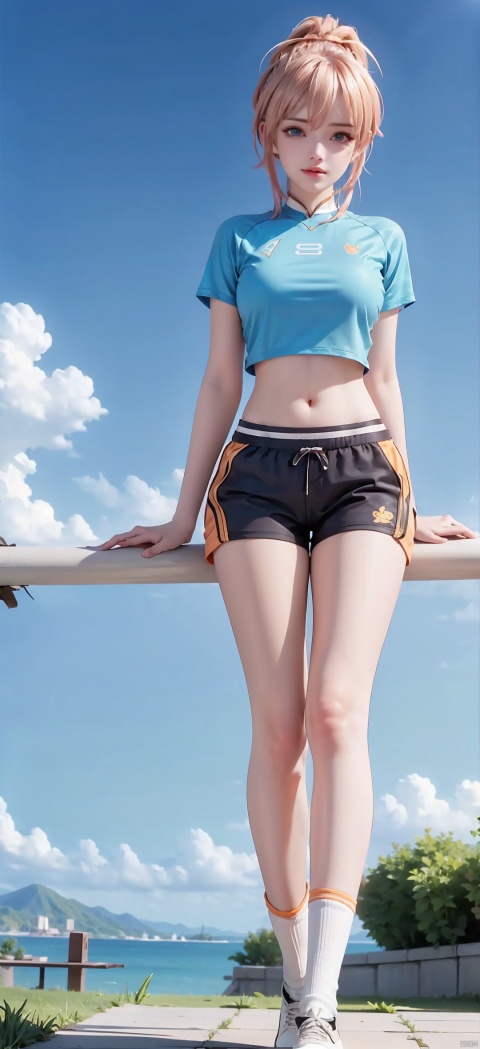 1 Girl, Solo, Looking at the Audience, Blue Eyes, Skirt, Blonde, Shirt, Hair Accessory, Navel, Shut Up, Standing, Ponytail, Shoes, Shorts, Socks, Belly, Artist Name, Crop Top, Shorts, Sweeping Bangs, Watermark, Bun, Sitting, Bike Shorts, Sneakers, Hair Bun, Shorts Under Skirt, Orange Footwear, 1 Girl