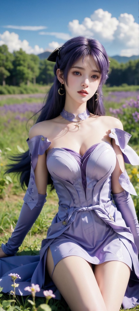 1 girl, solo, upper body, long hair, looking at the audience, purple hair, hair accessories, thighs, dress, sitting on the ground, purple hair, flower field, earrings, sky, purple dress,