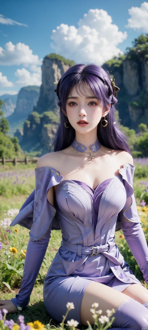 1 girl, solo, upper body, long hair, looking at the audience, purple hair, hair accessories, thighs, dress, sitting on the ground, purple hair, flower field, earrings, sky, purple dress, jiziyue