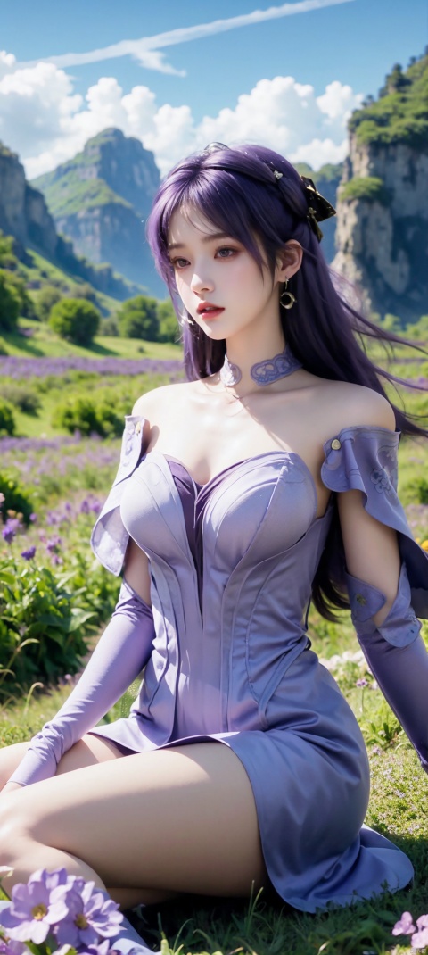 1 girl, solo, upper body, long hair, looking at the audience, purple hair, hair accessories, thighs, dress, sitting on the ground, purple hair, flower field, earrings, sky, purple dress, jiziyue