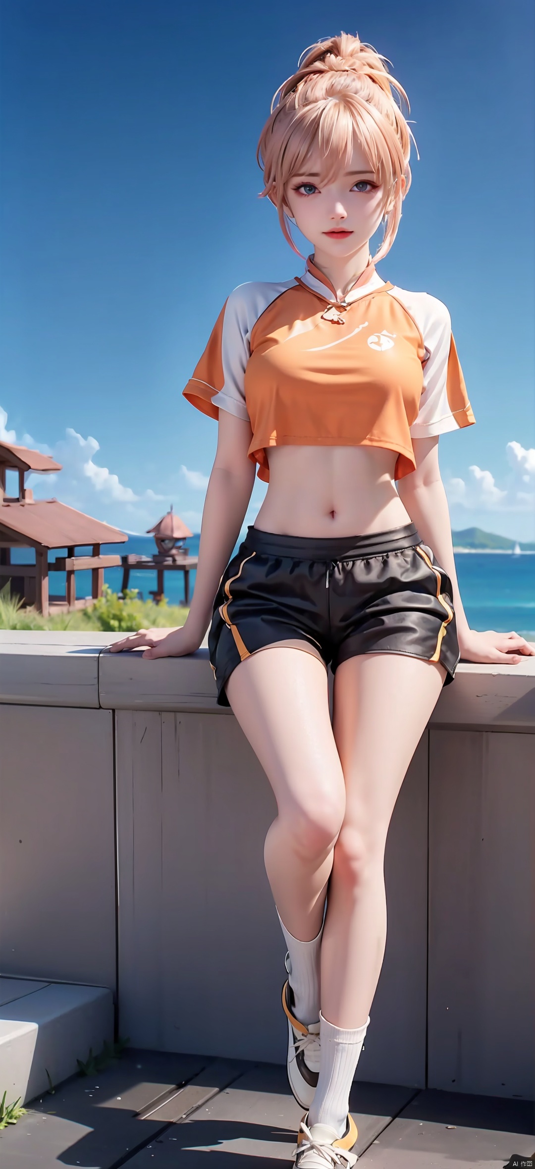 1 Girl, Solo, Looking at the Audience, Blue Eyes, Skirt, Blonde, Shirt, Hair Accessory, Navel, Shut Up, Standing, Ponytail, Shoes, Shorts, Socks, Belly, Artist Name, Crop Top, Shorts, Sweeping Bangs, Watermark, Bun, Sitting, Bike Shorts, Sneakers, Hair Bun, Shorts Under Skirt, Orange Footwear, 1 Girl, shine eyes01