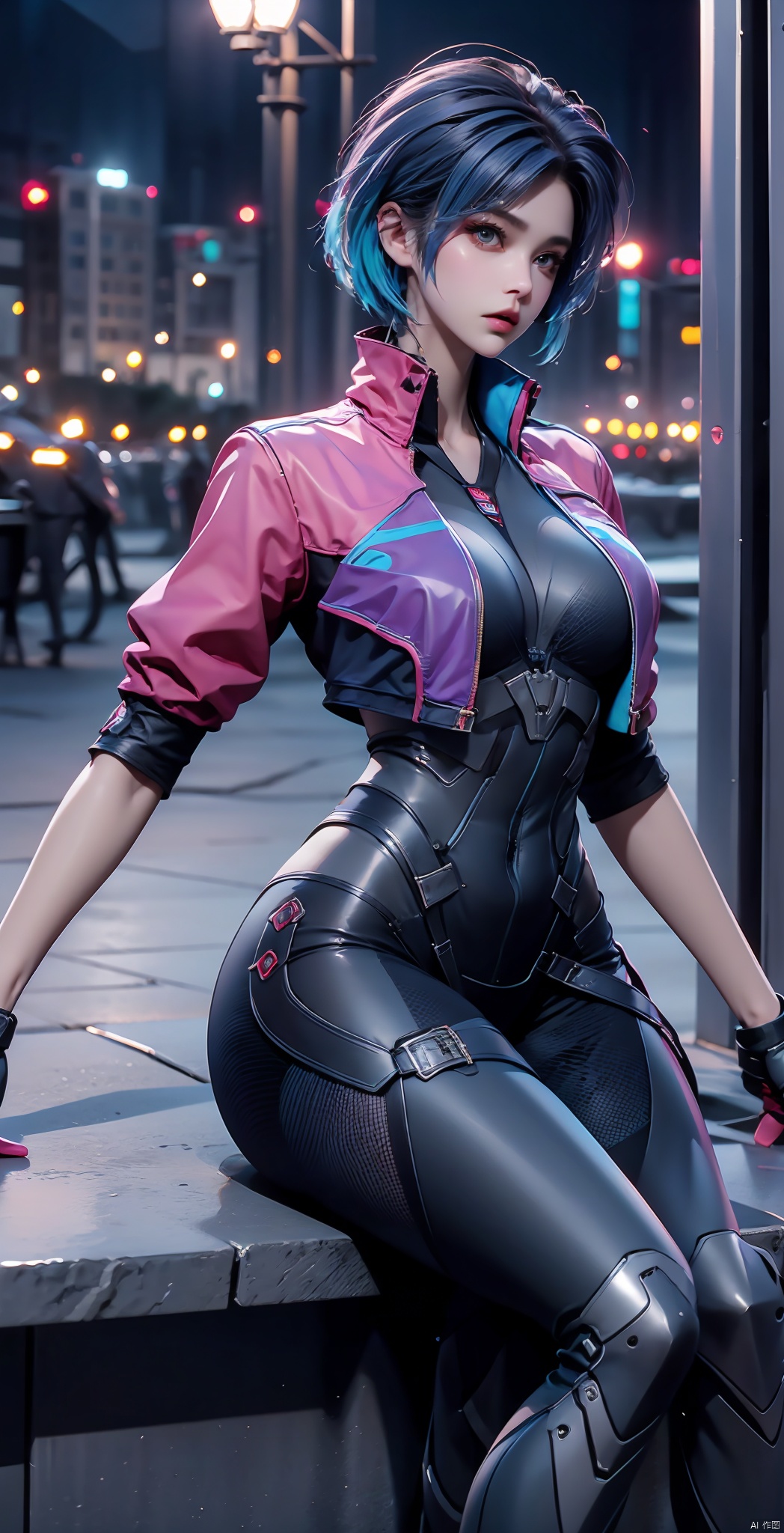 Still, 1 girl, solo, blue hair, colorful hair, gloves, looking at the audience, jacket, tights, short hair, cropped jacket, science fiction, bodysuit, thigh band, d.va (Overwatch), boots, thigh band, city, landscape, sky, science fiction, building, cloudy sky, night, cityscape, outdoors, (Flower Field Background: 1.3), (Seated: 1.3), (Original Photo: 1.2), ((Photo Realism: 1.4)) Best Quality, Masterpiece, Illustration, An Extremely Delicate and Beautiful, Extremely Detailed, CG, Unity, 8k Wallpaper, Amazing, Fine Details, Masterpiece, Best Quality, Official Art, Extremely Detailed CG Unity 8k Wallpaper, Ridiculous, Unbelievably Ridiculous, Huge File Size, Ultra Detailed, High Resolution, Extremely Detailed, Beautiful Detail Girl, Cinematic Lighting, 1 Girl, Pale Skin, Tall Female, (Perfect Body Type), Skinny Body, Slender Legs,