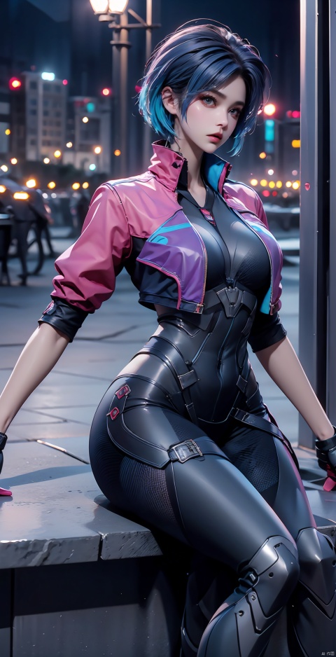 Still, 1 girl, solo, blue hair, colorful hair, gloves, looking at the audience, jacket, tights, short hair, cropped jacket, science fiction, bodysuit, thigh band, d.va (Overwatch), boots, thigh band, city, landscape, sky, science fiction, building, cloudy sky, night, cityscape, outdoors, (Flower Field Background: 1.3), (Seated: 1.3), (Original Photo: 1.2), ((Photo Realism: 1.4)) Best Quality, Masterpiece, Illustration, An Extremely Delicate and Beautiful, Extremely Detailed, CG, Unity, 8k Wallpaper, Amazing, Fine Details, Masterpiece, Best Quality, Official Art, Extremely Detailed CG Unity 8k Wallpaper, Ridiculous, Unbelievably Ridiculous, Huge File Size, Ultra Detailed, High Resolution, Extremely Detailed, Beautiful Detail Girl, Cinematic Lighting, 1 Girl, Pale Skin, Tall Female, (Perfect Body Type), Skinny Body, Slender Legs,