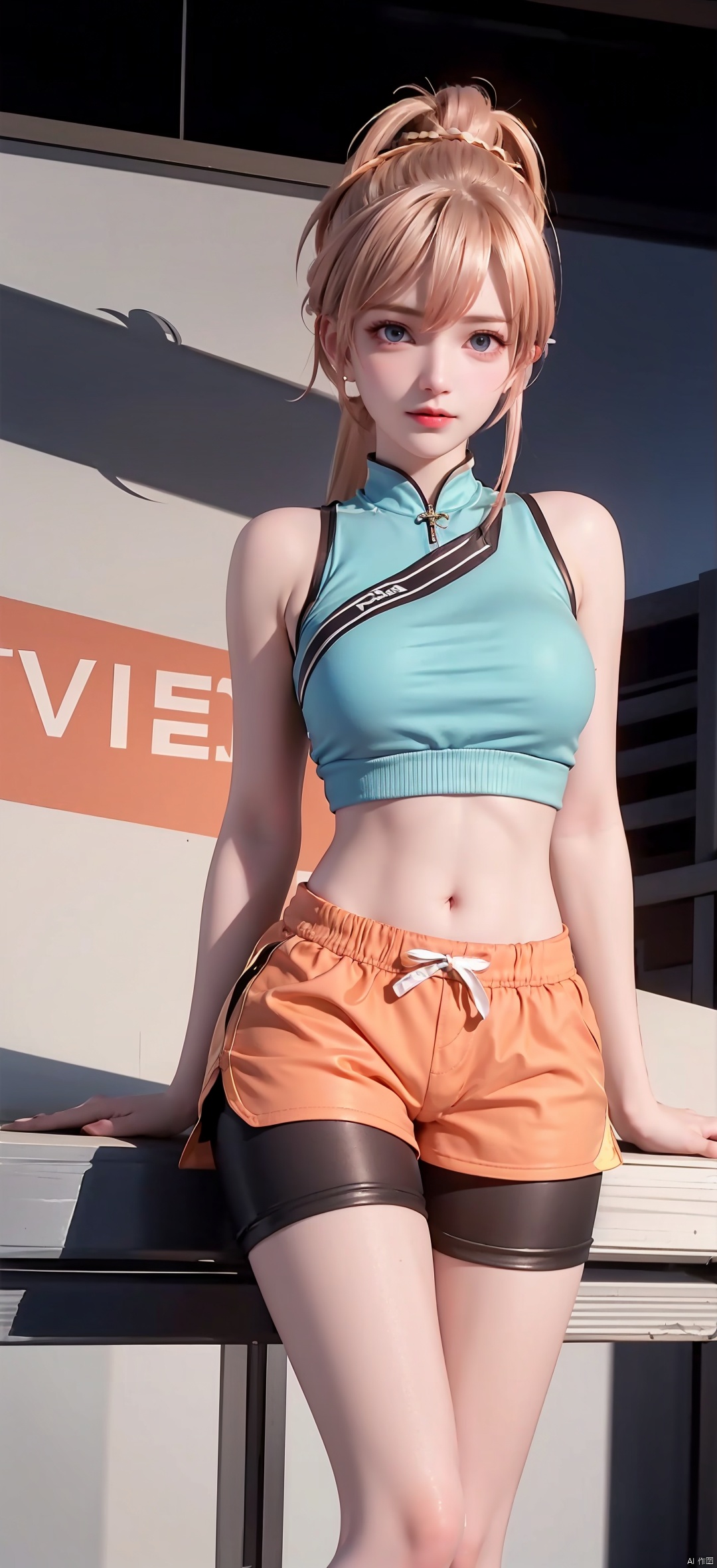 1 Girl, Solo, Looking at the Audience, Blue Eyes, Skirt, Blonde, Shirt, Hair Accessory, Navel, Shut Up, Standing, Ponytail, Shoes, Shorts, Socks, Belly, Artist Name, Crop Top, Shorts, Sweeping Bangs, Watermark, Bun, Sitting, Bike Shorts, Sneakers, Hair Bun, Shorts Under Skirt, Orange Footwear, 1 Girl, shine eyes01