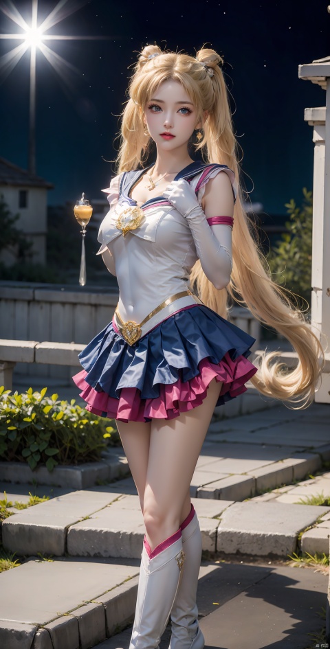 1 Girl, Solo, Long Hair, Looking at the Audience, Blue Eyes, Skirt, Blonde, Gloves, Double Tails, Two Ponytails, Action DIY, Upper Body, Boots, Ruffles, Sky, White Gloves, Bun, Blue Skirt, Cosplay, Double Bun, Magical Girl, White Shoes, Knee Boots, Plants, Layered Skirt, Sailor Moon Uniform, Tsukino Usaki, Sailor Moon, City