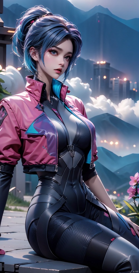 Still, 1 girl, solo, blue hair, colorful hair, gloves, looking at the audience, jacket, tights, short hair, cropped jacket, science fiction, bodysuit, thigh band, d.va (Overwatch), boots, thigh band, landscape, sky, science fiction, cloudy sky, outdoor, (Flower Field Background: 1.3), (Seated: 1.3), (Original Photo: 1.2), ((Photo Realism: 1.4)) Best Quality, Masterpiece, Illustration, An Extremely Delicate and Beautiful, Extremely Detailed, CG, Unity, 8k Wallpaper, Amazing, Fine Details, Masterpiece, Best Quality, Official Art, Extremely Detailed CG Unity 8k Wallpaper, Ridiculous, Unbelievably Ridiculous, Huge File Size, Ultra Detailed, High Resolution, Extremely Detailed, Beautiful Detail Girl, Cinematic Lighting, 1 Girl, Pale Skin, Tall Female, (Perfect Body Type), Skinny Body, Slender Legs,