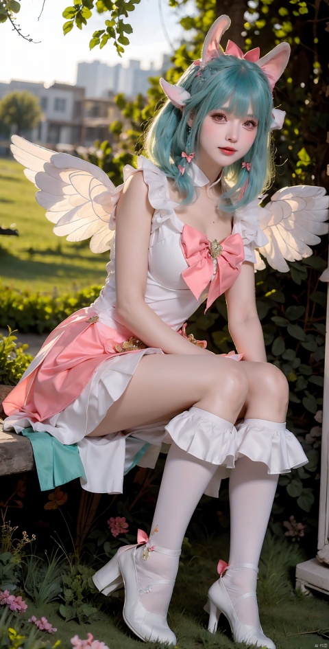 1 Girl, Solo, Looking at the Audience, Bangs, Dress, Bow, Animal Ears,, Medium Breasts, Seated, Flowers, Outdoor, Ruffles, Green Hair, Wings, Shoes, Socks, White Dress, Knee High, Grass, White Socks, Pink Bow