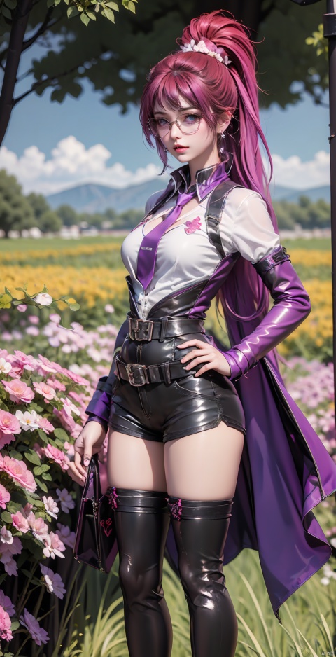 1 Girl, Solo, (Upper Body: 1.3), Long Hair, Looking at the Audience, Shirt, Thigh Height, Medium Breasts, Standing, Full Body, White Shirt, Ponytail, Pink Hair, Purple Hair, Short Sleeves, Boots, Outdoor, Split Sleeves, Tie, Shorts, Shiny, Collared Shirt, Belt, Black Thigh Heels, Black Shoes, High Heels, Lips, Jacket, Shorts, Thigh Boots, Garter, Black Shorts, Sunglasses, High Ponytail, Glasses on Head, High Heeled Boots, Shiny Clothes, Hands on the hips,  Purple tie, (Flower field background: 1.3)