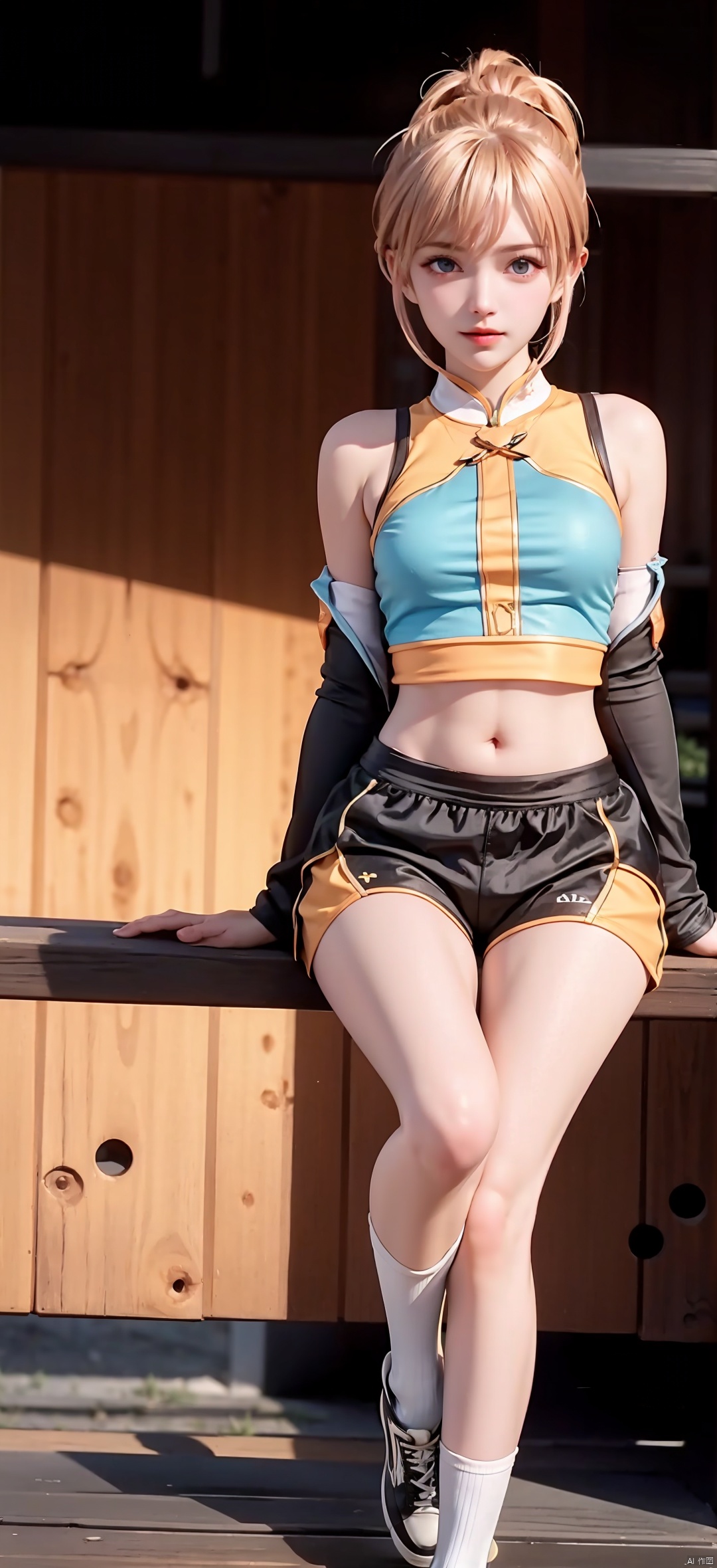 1 Girl, Solo, Looking at the Audience, Blue Eyes, Skirt, Blonde, Shirt, Hair Accessory, Navel, Shut Up, Standing, Ponytail, Shoes, Shorts, Socks, Belly, Artist Name, Crop Top, Shorts, Sweeping Bangs, Watermark, Bun, Sitting, Bike Shorts, Sneakers, Hair Bun, Shorts Under Skirt, Orange Footwear, 1 Girl