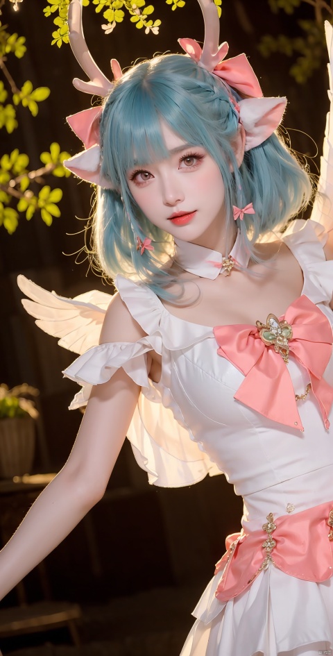 1girl, solo, looking at viewer, short hair, dress, bow, animal ears, brown eyes, blue hair, outdoors, wings, white dress, pink bow, antlers