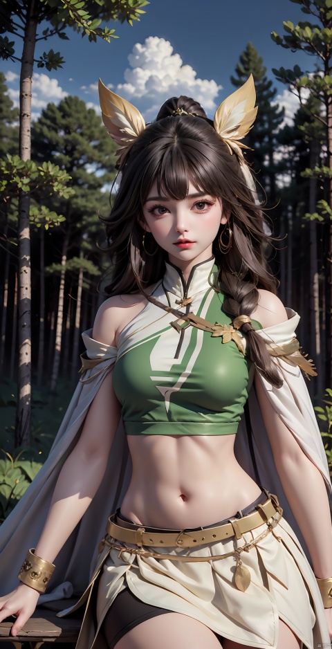 1 Girl, Solo, Long Hair, Looking at the Audience, Bangs, Skirt, Brown Hair, Navel, Bare Shoulders, Brown Eyes, Medium Breasts, Sitting, Upper Body, Boots, Outdoor, Belly, Miniskirt, Cloak, Sky Garden, Tree, Lips, Crop Top, White Skirt, Knee Boots, Bicycle Shorts, Nature, Forest